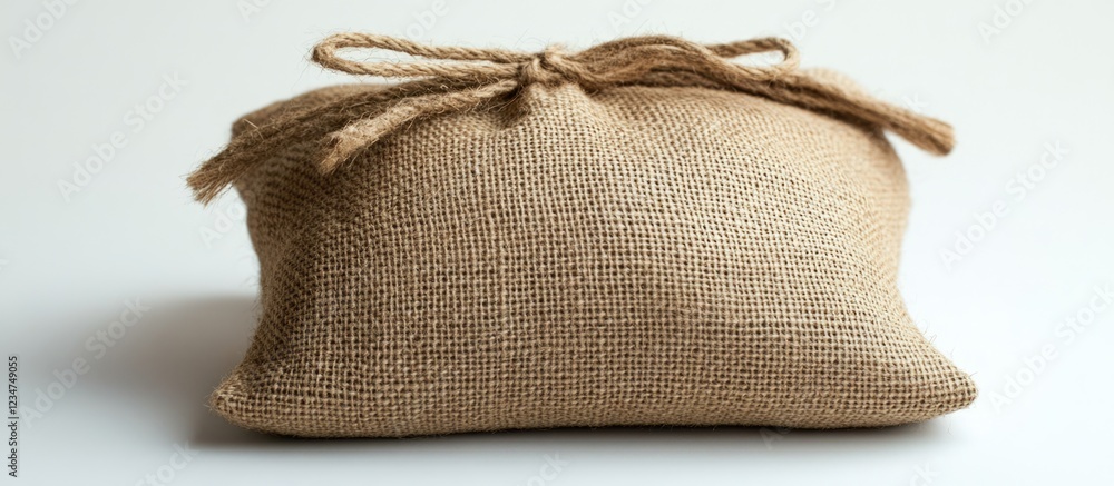 Poster hessian burlap sack tied with twine on a neutral background with ample copy space for text placement