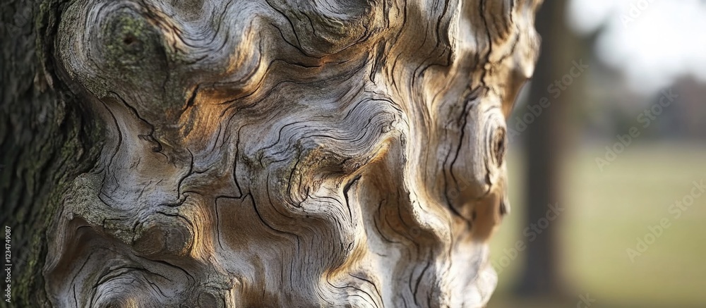 Poster textured close-up of tree bark with swirling patterns and soft light in background showcasing natura