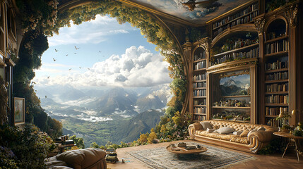 Mountain view library; reading room with nature