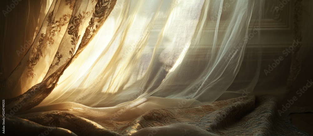 Poster sunlight filtering through sheer curtains in a room with soft textures and warm tones copy space