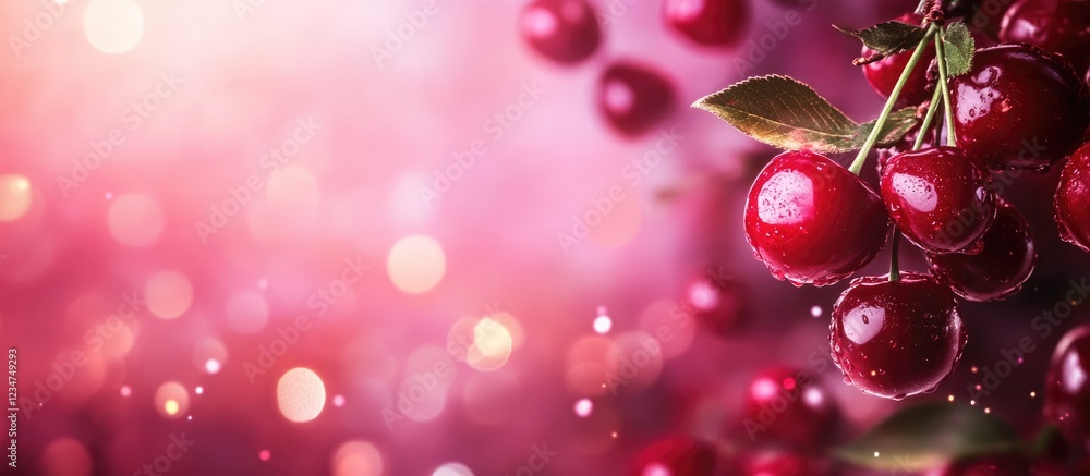 Poster fresh cherries on a branch with blurred pink background and bokeh lights featuring copy space for te