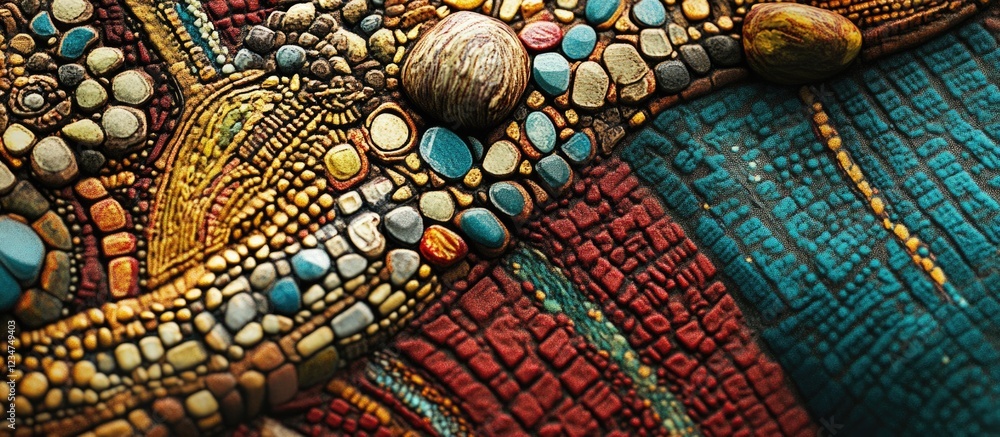 Poster colorful textured surface with various stones and patterns on wood background featuring copy space f