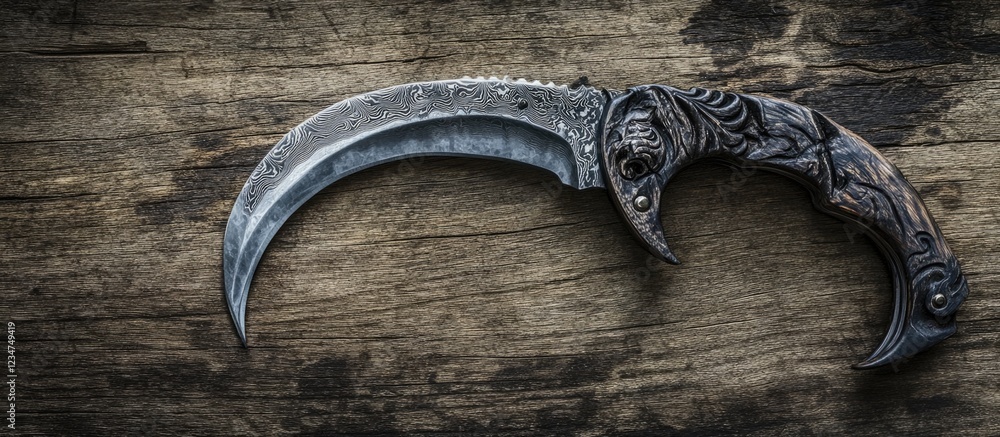 Poster intricately designed curved knife on rustic wooden surface with copy space for text placement