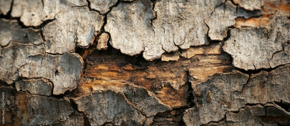 Poster detailed texture of weathered tree bark with cracks and peeling layers natural brown tones and patte