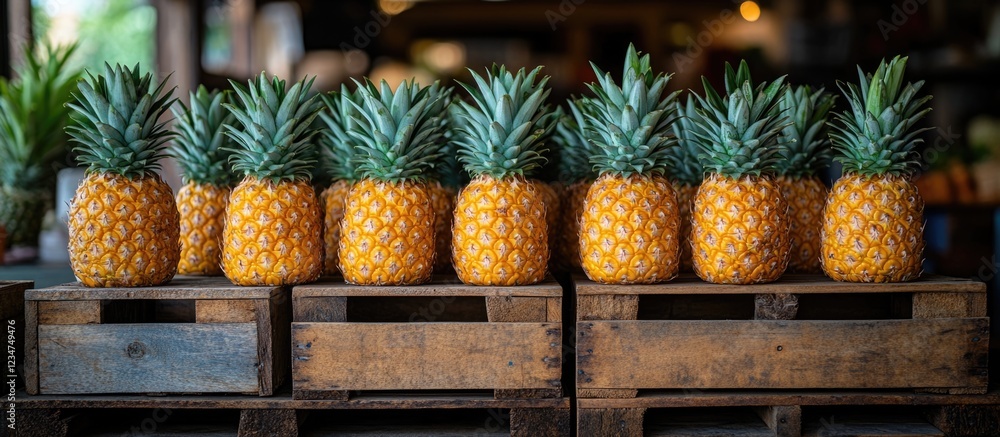 Aufkleber fresh ripe pineapples arranged neatly on wooden crates in a market setting copy space