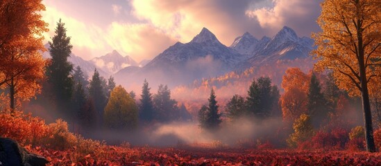Naklejka premium Vibrant autumn landscape with mountains, colorful foliage, and misty foreground during sunrise, Copy Space for text placement