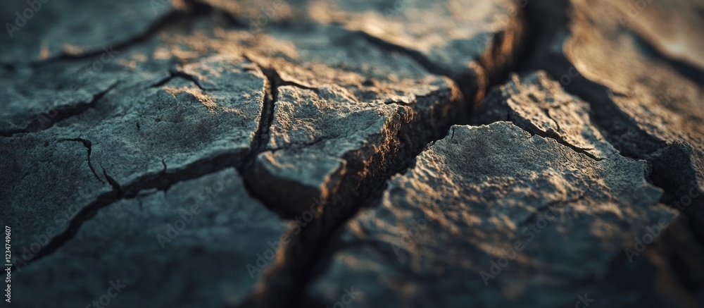 Poster cracked earth surface with detailed texture and shallow depth of field copy space