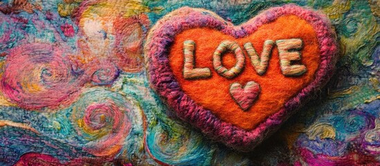 Colorful Felt Heart with Love Inscription on Abstract Textile Background Copy Space