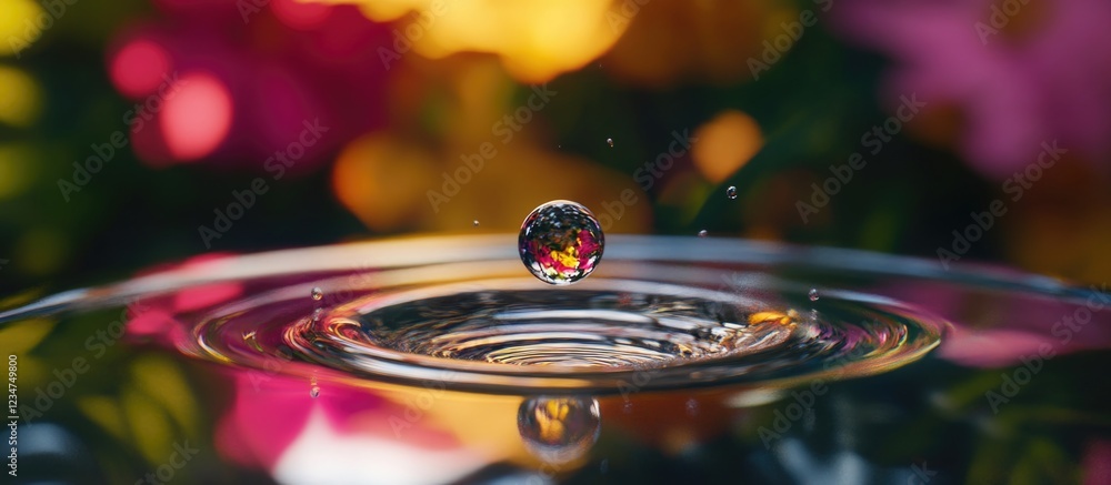Poster droplet creating ripples in water with colorful flower background and copy space for text placement
