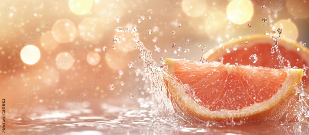 Poster fresh grapefruit slices splashing in water with soft bokeh background and ample copy space for text 