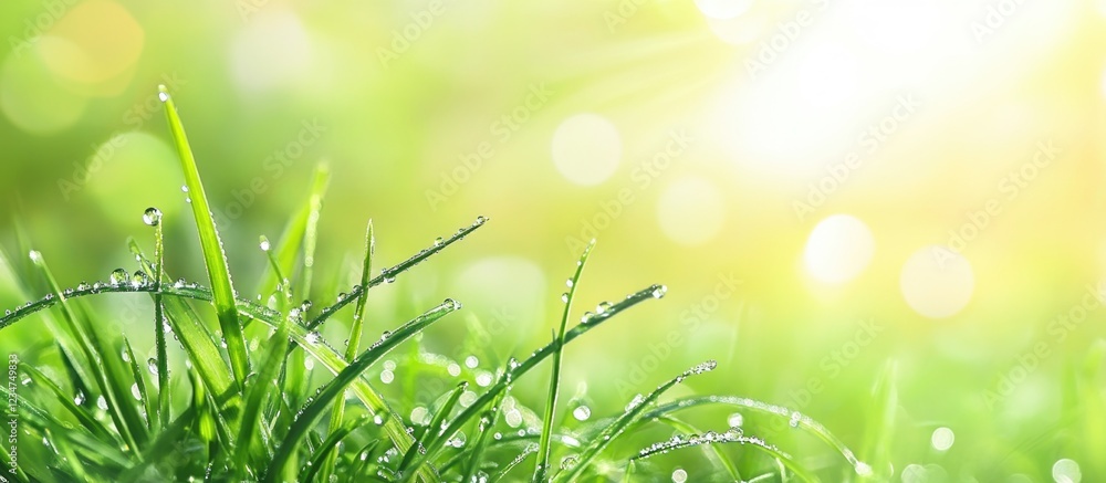 Poster fresh green grass with dew drops illuminated by sunlight in soft focus with ideal copy space for tex