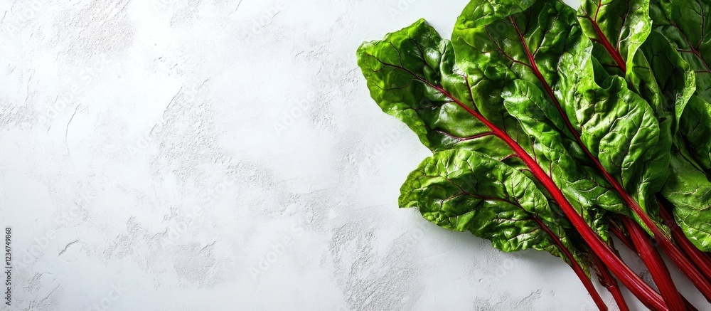 Poster fresh swiss chard leaves with vibrant red stems on textured gray background with copy space for text