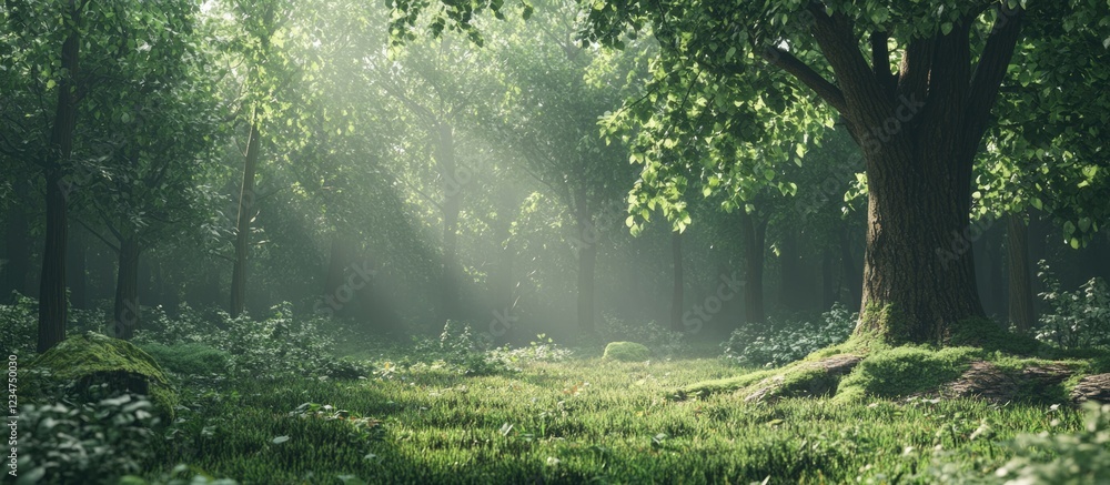 Aufkleber sunlit forest landscape with lush greenery and dappled light through trees featuring copy space for 