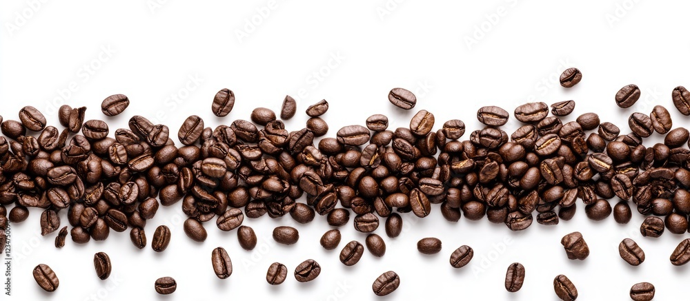 Poster coffee beans scattered on white background with ample copy space for text placement.