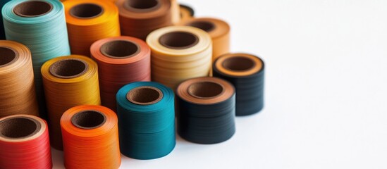 Colorful spools of thread arranged on a white background with Copy Space for text placement