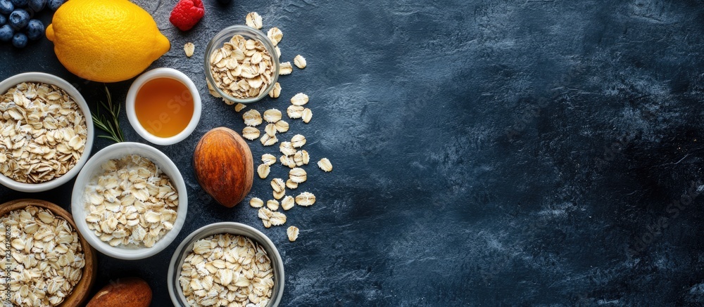 Poster oats in bowls with fruits and honey arranged on dark textured background with copy space for text