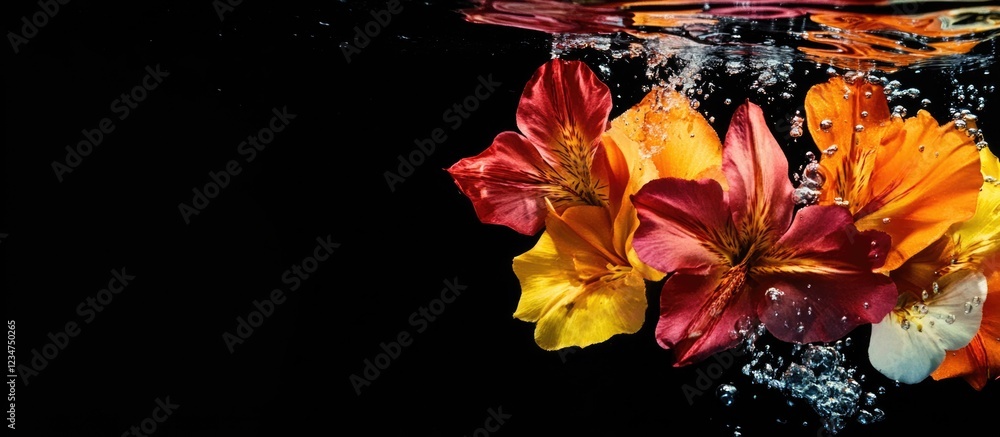 Poster colorful flowers submerged in water with bubbles and dark background offering copy space for text pl