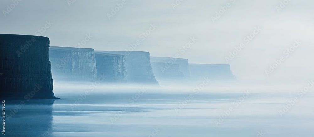 Aufkleber misty shoreline with cliffs and calm water at dawn in soft blue tones with copy space for text place