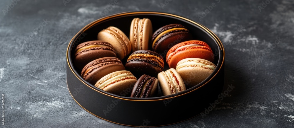 Aufkleber assorted macarons in a round black tin on a textured surface copy space