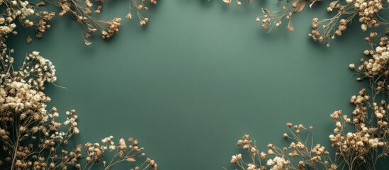 Floral arrangement with dried flowers on a green background providing ample copy space for text insertion