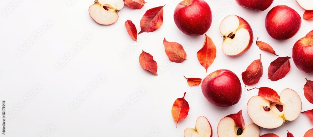 Aufkleber red apples and autumn leaves scattered on a white background with copy space for text
