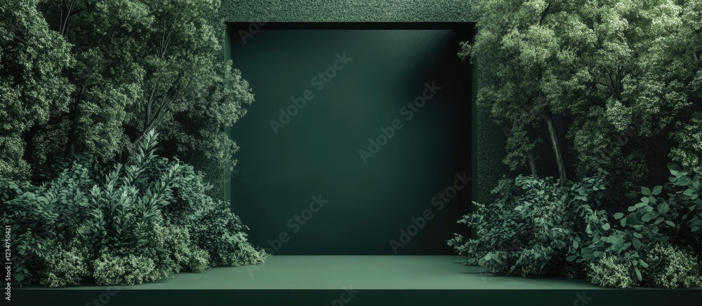 Poster lush green foliage framing a dark rectangular void with ample copy space for text placement. natural