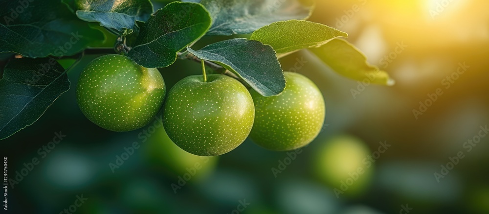 Poster fresh green apples on a tree branch with sunlight filtering through leaves and ample copy space for 