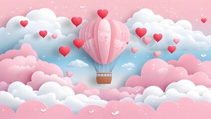 Cute paper hearts, clouds, flying hot air balloon, with blue romantic background.