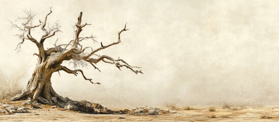 Dry barren landscape with an aged tree and a neutral sky Copy Space for text placement