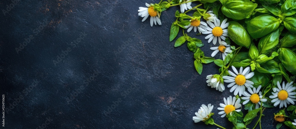 Poster fresh daisies and basil leaves arranged on a dark textured background with copy space for text place