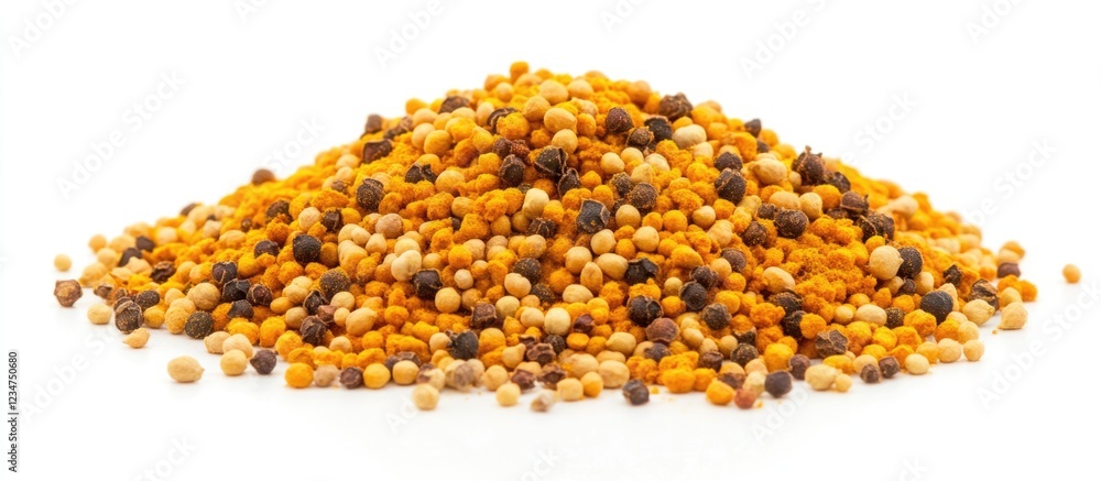Poster assorted grains and seeds in various colors piled on a white background with ample copy space for te