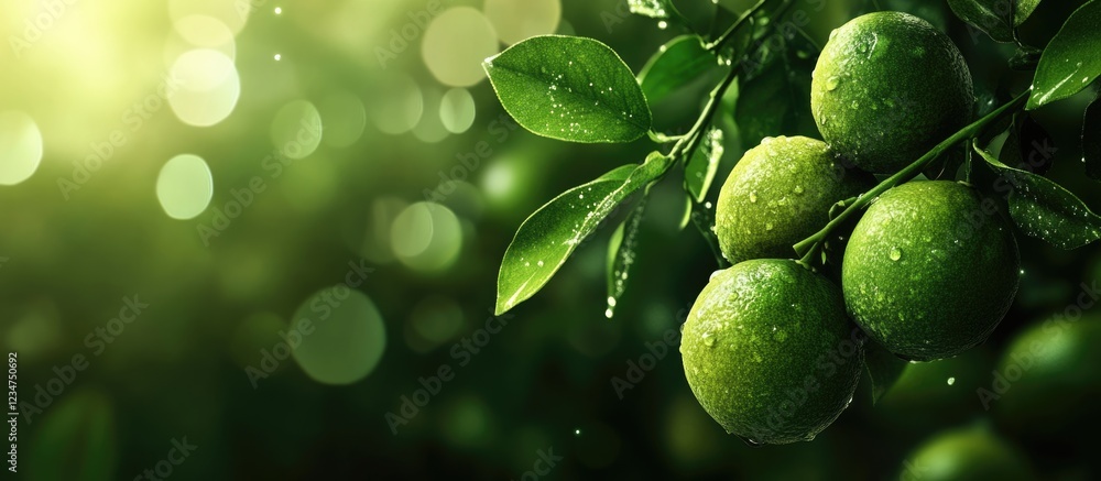 Poster fresh green limes on a branch with water droplets surrounded by lush greenery with soft lighting and