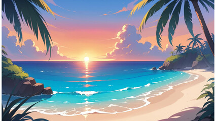 Stunning Sunset over a Secluded Tropical Beach Paradise with Palm Trees and Gentle Waves