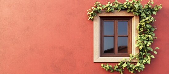 Window framed by green ivy on a rustic red wall with clear sky reflections and ample Copy Space for text placement