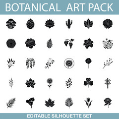 Botanical Art Pack Editable Silhouette Set of Flowers, Plants, and Fungi