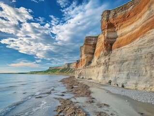 Dramatic coastal cliffs with layered rock formations and seaweed strewn on the beach
