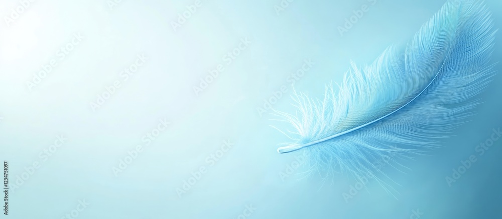 Poster blue background with a soft white feather on the side, minimalistic design with copy space for text.