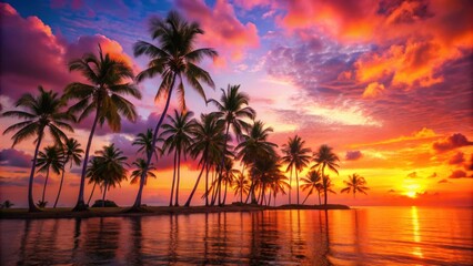 Obraz premium Silhouettes of palm trees stand tall against a backdrop of fiery orange and purple sunset hues, reflecting in the calm waters of the ocean.
