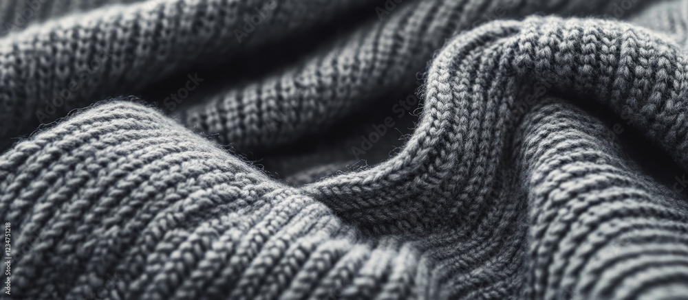 Poster close-up of textured grey knitted fabric with soft folds and creases ideal for background design and