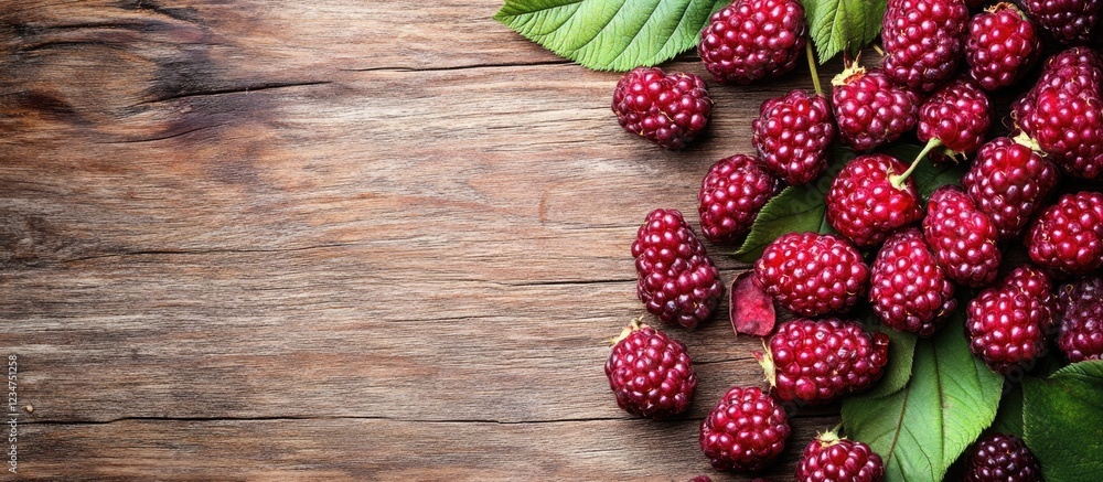 Poster fresh red raspberries with green leaves on a rustic wooden background with ample copy space for text