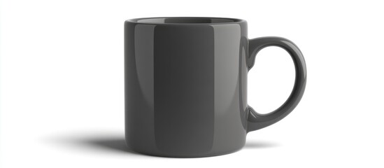 Gray ceramic coffee mug with handle on white background with copy space. Mockup for design presentation.