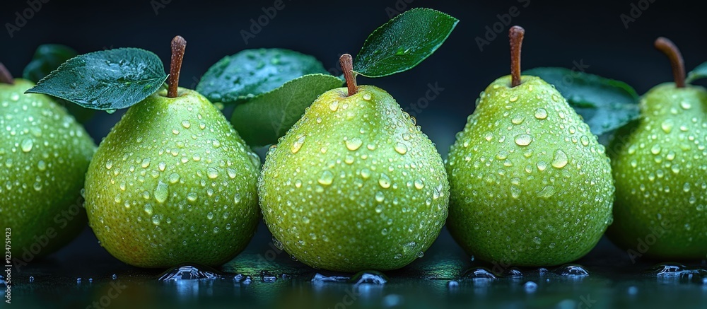 Poster fresh green pears with water droplets arranged in a row on a dark background with copy space