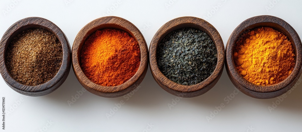 Poster assorted spices in wooden bowls arranged in a line with copy space on a white background