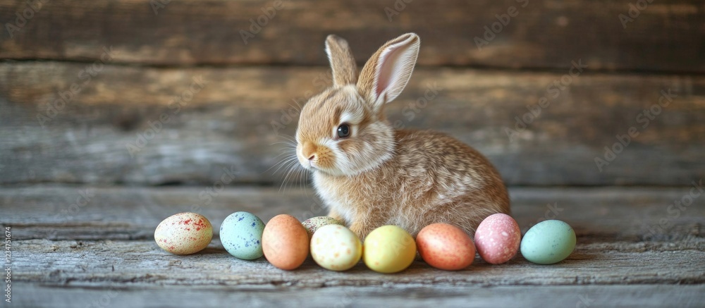 Poster cute rabbit sitting beside colorful easter eggs on wooden surface with a rustic background and good 