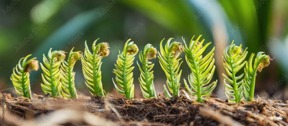 Poster close-up of green fern fronds emerging from soil in natural light with shallow depth of field and co