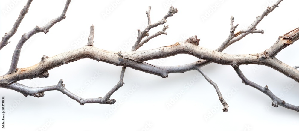 Poster dry natural branch on white background with thin twigs and copy space for text or design elements