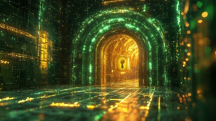 Fototapeta premium A futuristic digital corridor featuring glowing green and golden lights with a prominent keyhole symbol, symbolizing cybersecurity and data protection.