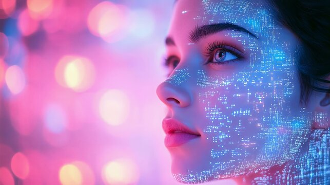 A captivating portrait of a woman with a digital glow on her face, showcasing futuristic aesthetics and vibrant colors.