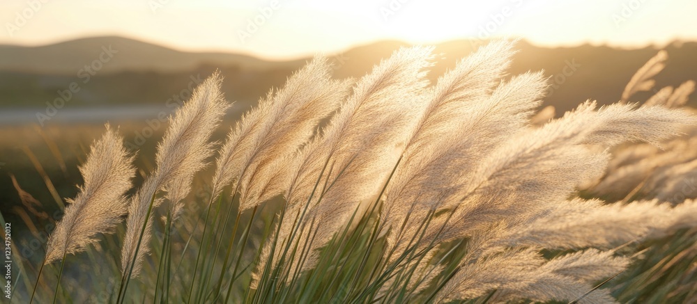 Poster golden hour light illuminating pampas grass in a field with soft focus and copy space for text place