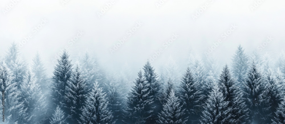 Poster winter landscape with evergreen trees in foggy atmosphere featuring lush greenery and soft light wit